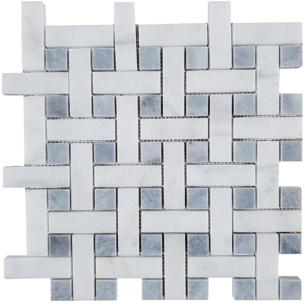 Basketweave Crystal White & Tahoe Honed Marble Mosaic Tile