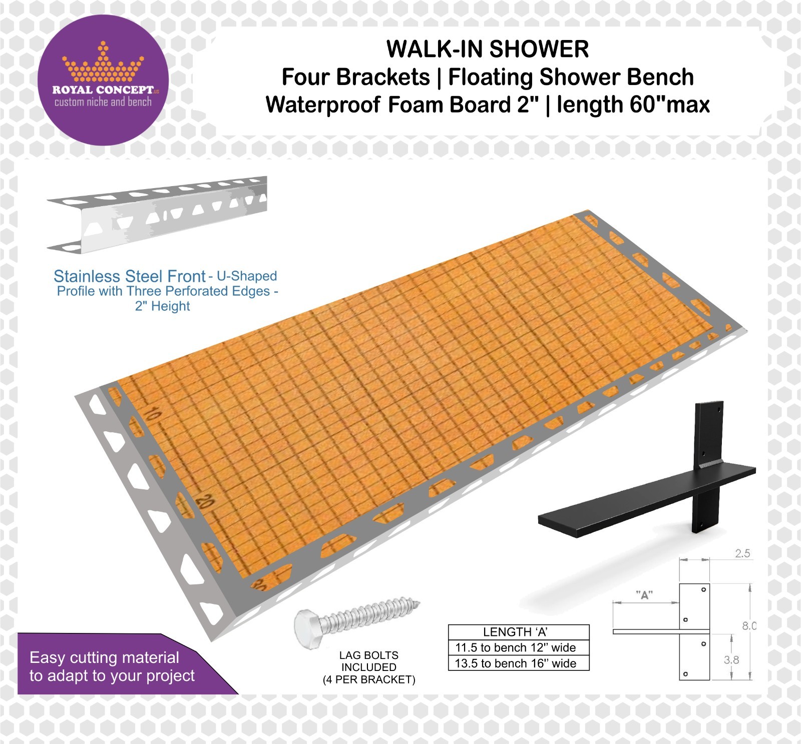 WALK-IN SHOWER 4 Brackets | Floating Shower Bench KERDI-BOARD 2in | Length 60in