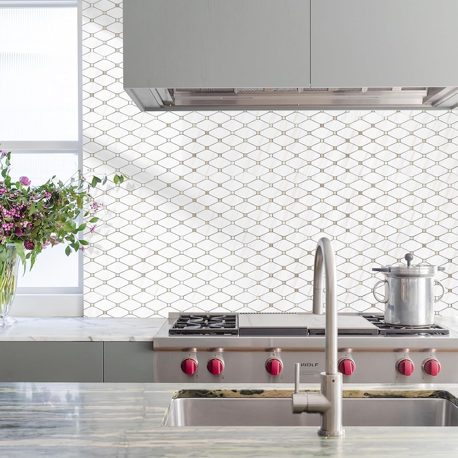 1 Sheet or10 Sheets Peel and Stick Backsplash, Polished Dolomite PVC Mixed Metal
