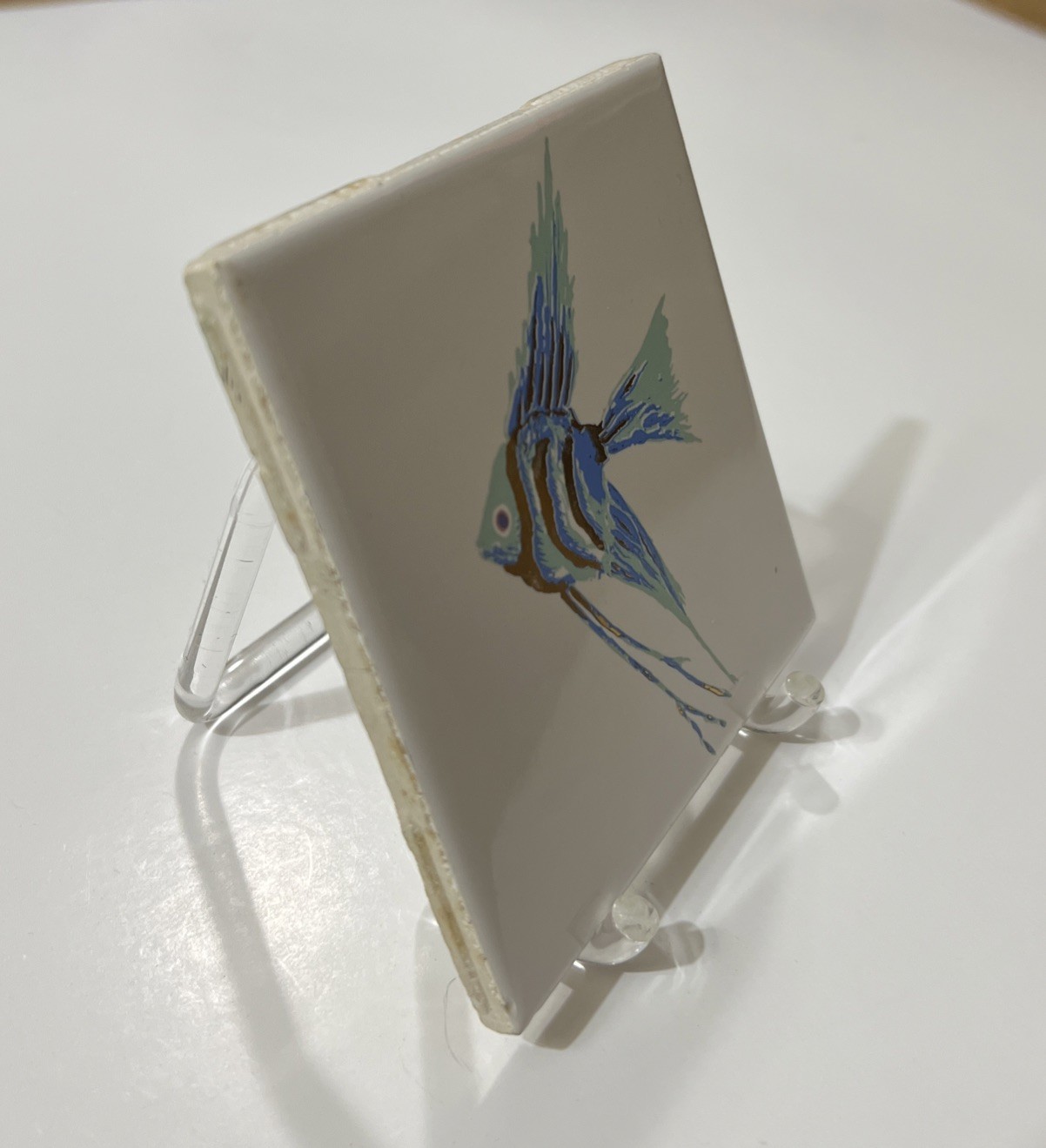 Fish Tile Decorative Angel Fish Blue & Gold With Acrylic Stand 4.25X4.25”
