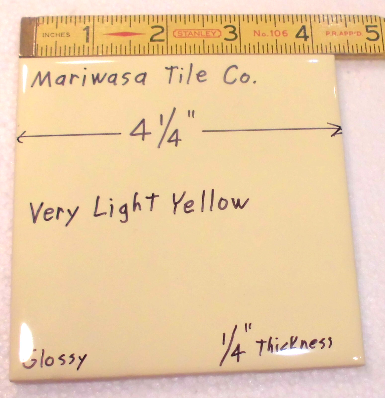 1 pc. Very Light Yellow: 4-1/4″ Glossy Ceramic Tile, 1/4″ Thick, by Mariwasa Co.