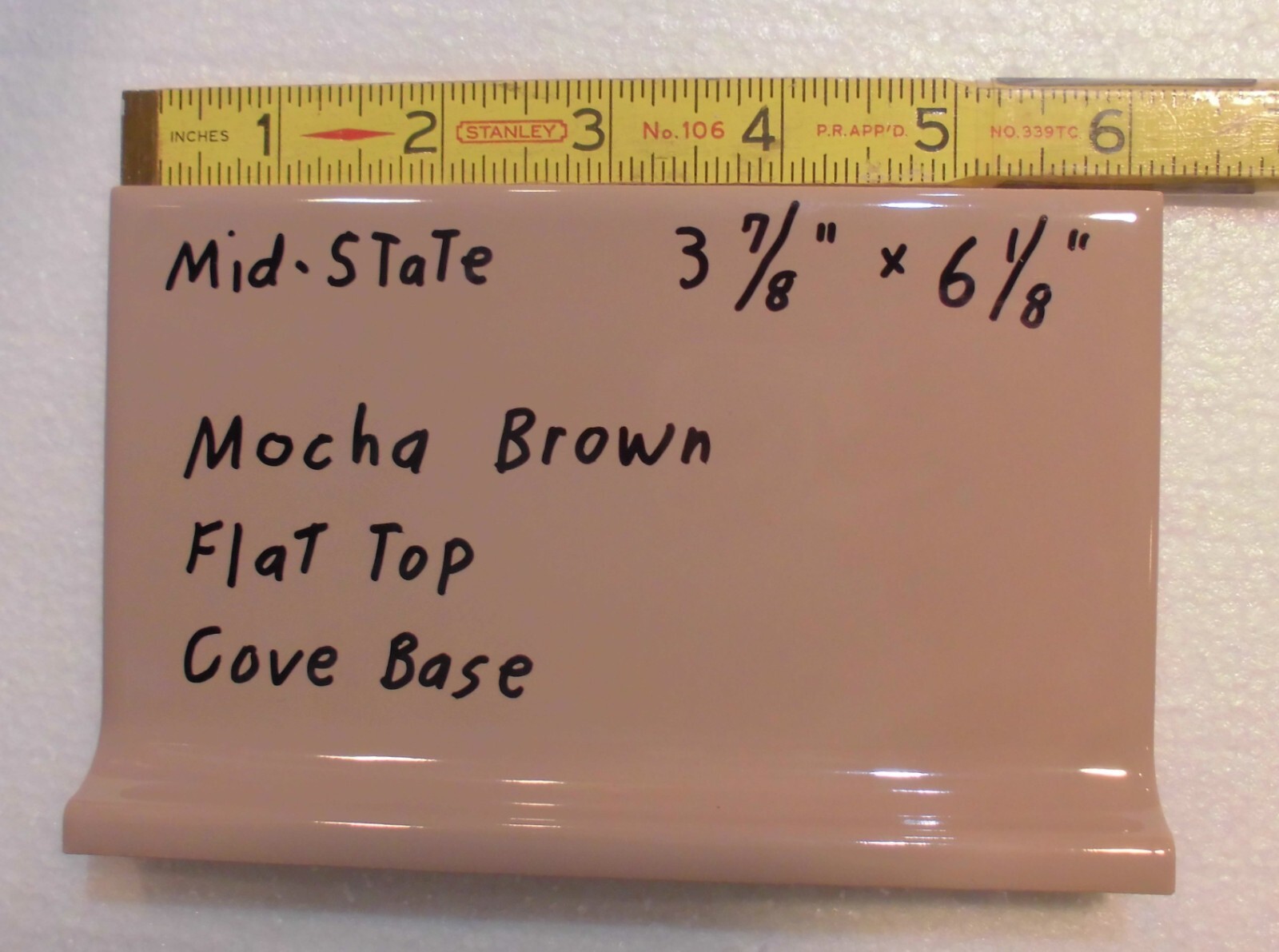 1 pc. Mocha – Brown Cove-Base Ceramic Tile 4″ X 6″ Mid-State: Glossy; stack on