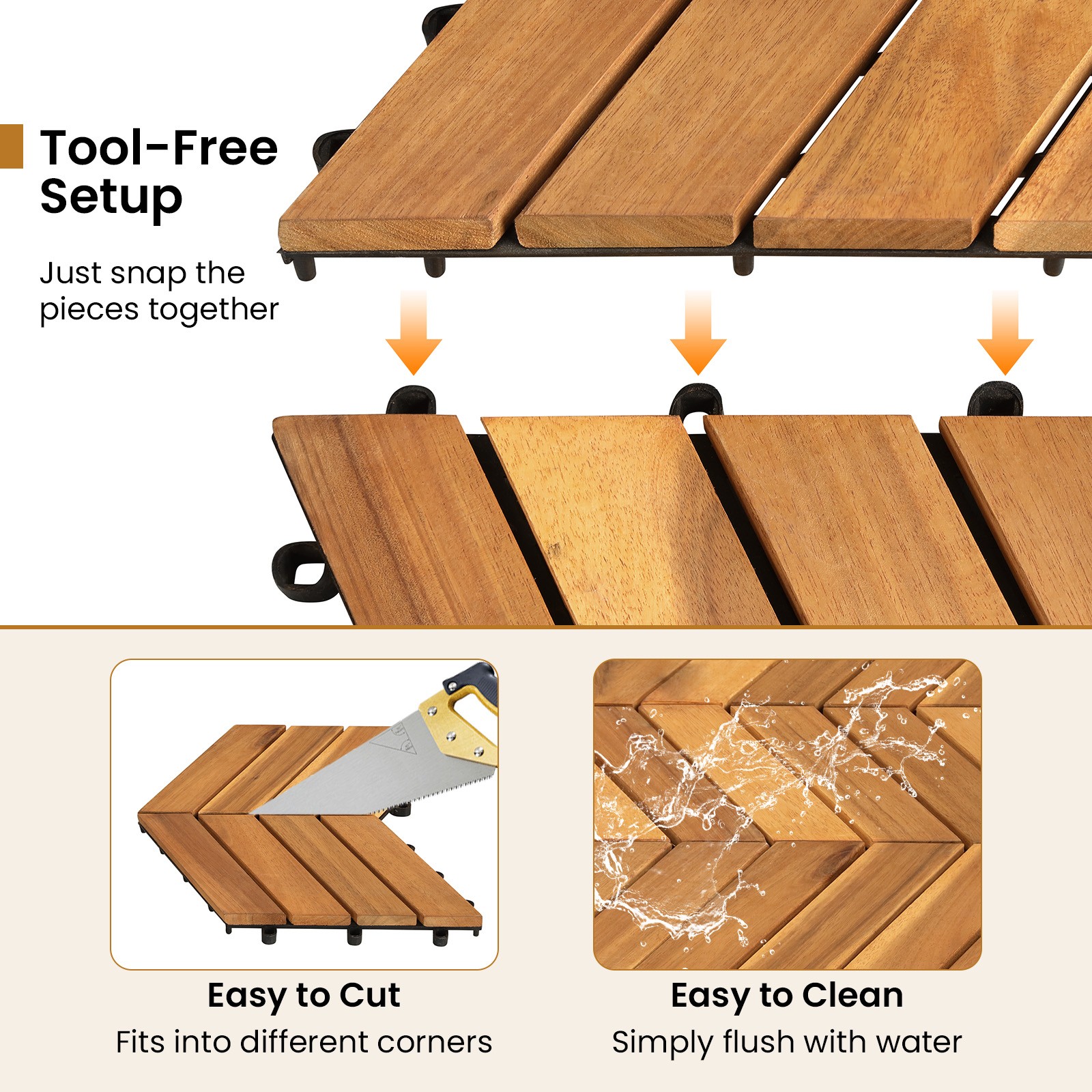 Acacia Wood Interlocking Deck Tiles 30 PCS Waterproof Flooring TilesNatural