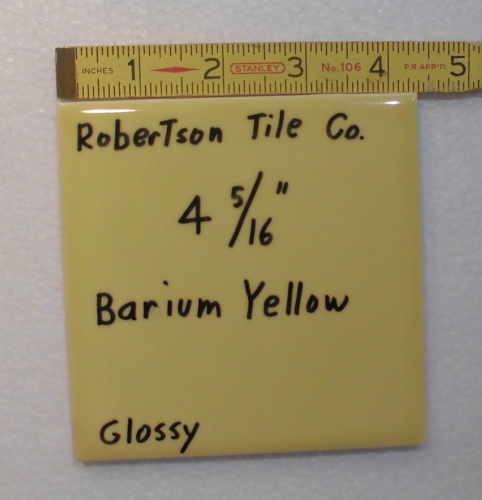 1 pc. *Barium Dark Yellow* Ceramic Tile 4-5/16″- 4-3/8″ Robertson Co. NOS
