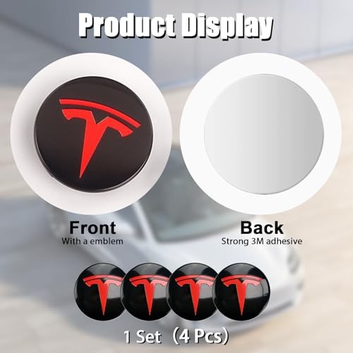 4 PCS Wheel Center Hub Cap Sticker for Model 3 / Model Y, Glossy Black & Red