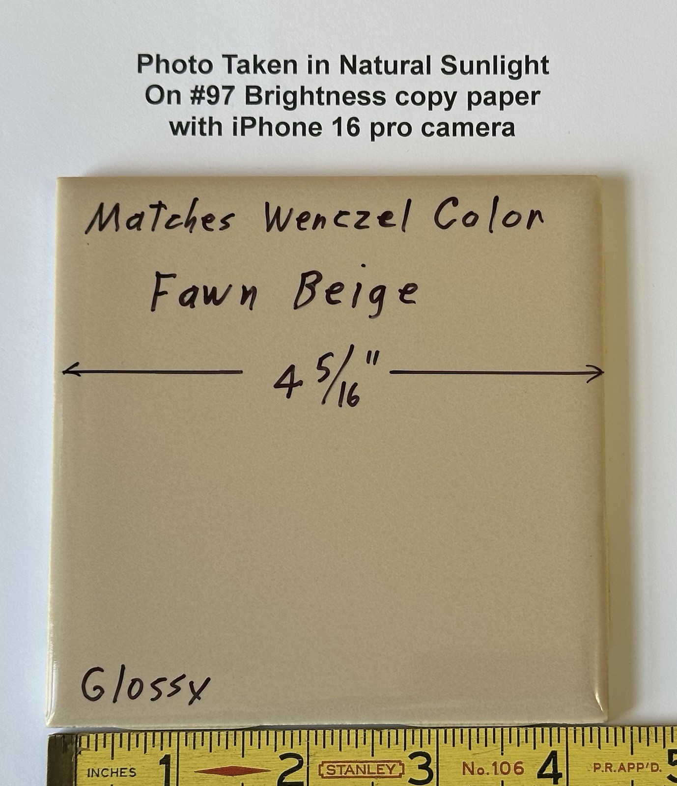 1 pc. Fawn Beige: 4-5/16″ Glossy Ceramic Tile, matches Wenczel Color #223, NOS