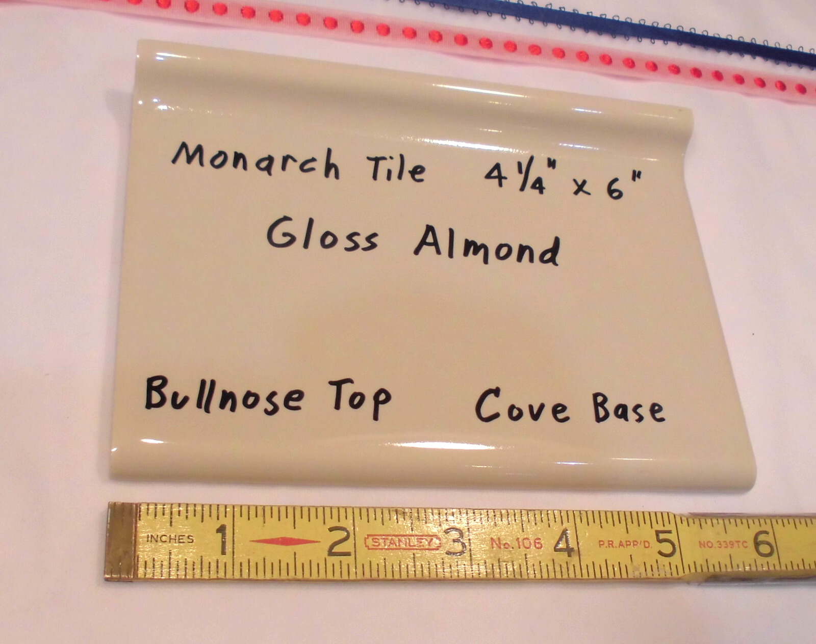 1 pc. Gloss Almond: Bullnose Top Cove-Base Ceramic Tile: 6″ X 4-1/4″ Monarch Co.