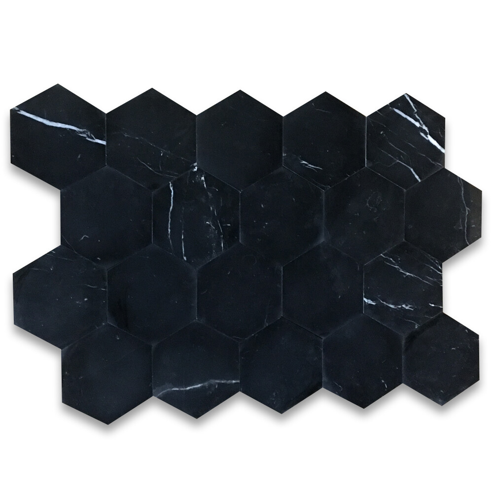 N36P Nero Marquina Black Marble 6 inch Hexagon Tile Polished