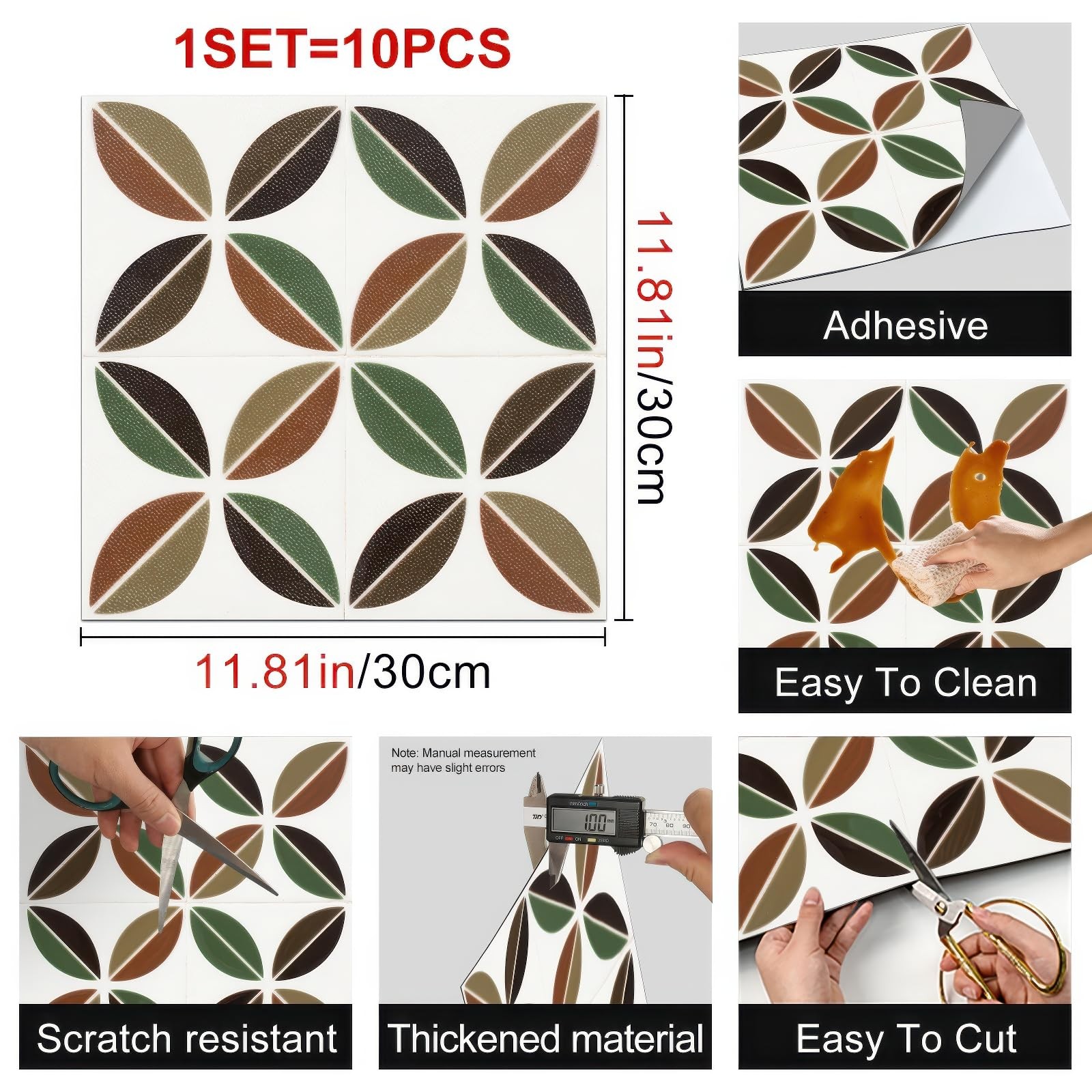 10PCS 12×12 Inch Retro Mid-Century Leaf Motif Floor Tiles Peel and Stick Remo…