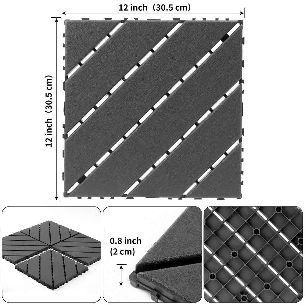 44 Pack Dark Gray Interlocking Decking Tiles 12×12 Inch PP All Weather