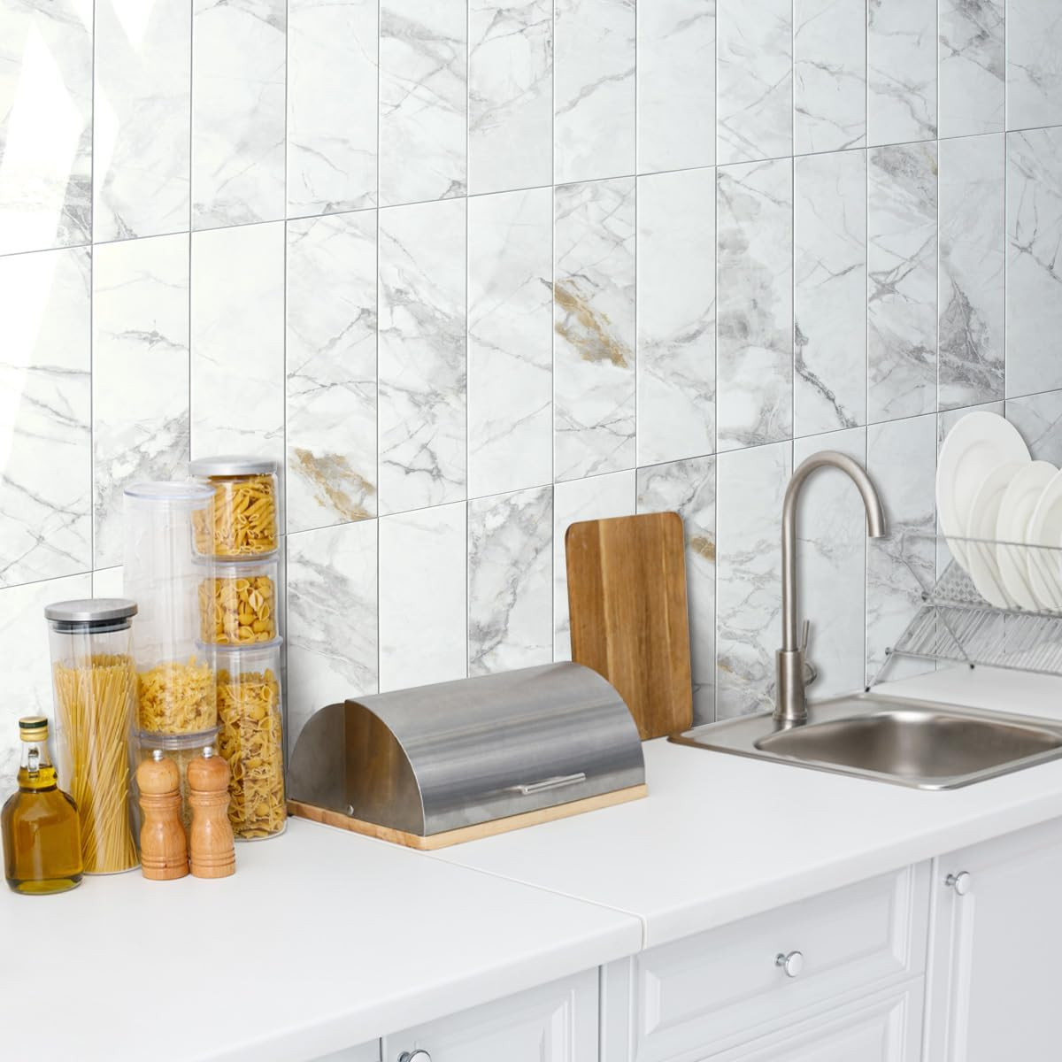 40-Piece Polished White Marble Peel and Stick Backsplash Wall Tiles, 3″