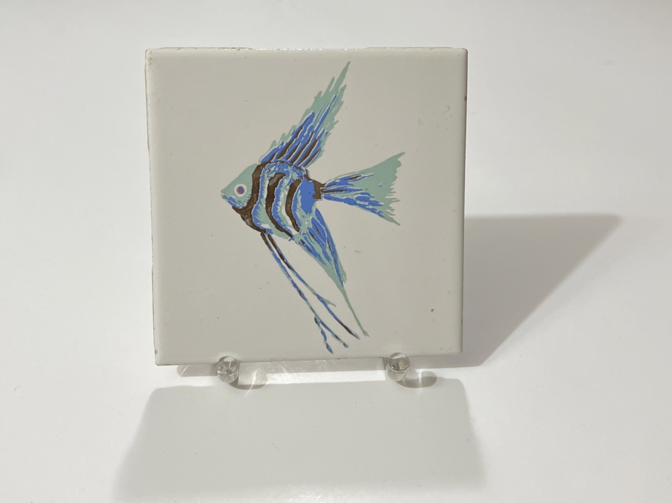 Fish Tile Decorative Angel Fish Blue & Gold With Acrylic Stand 4.25X4.25”