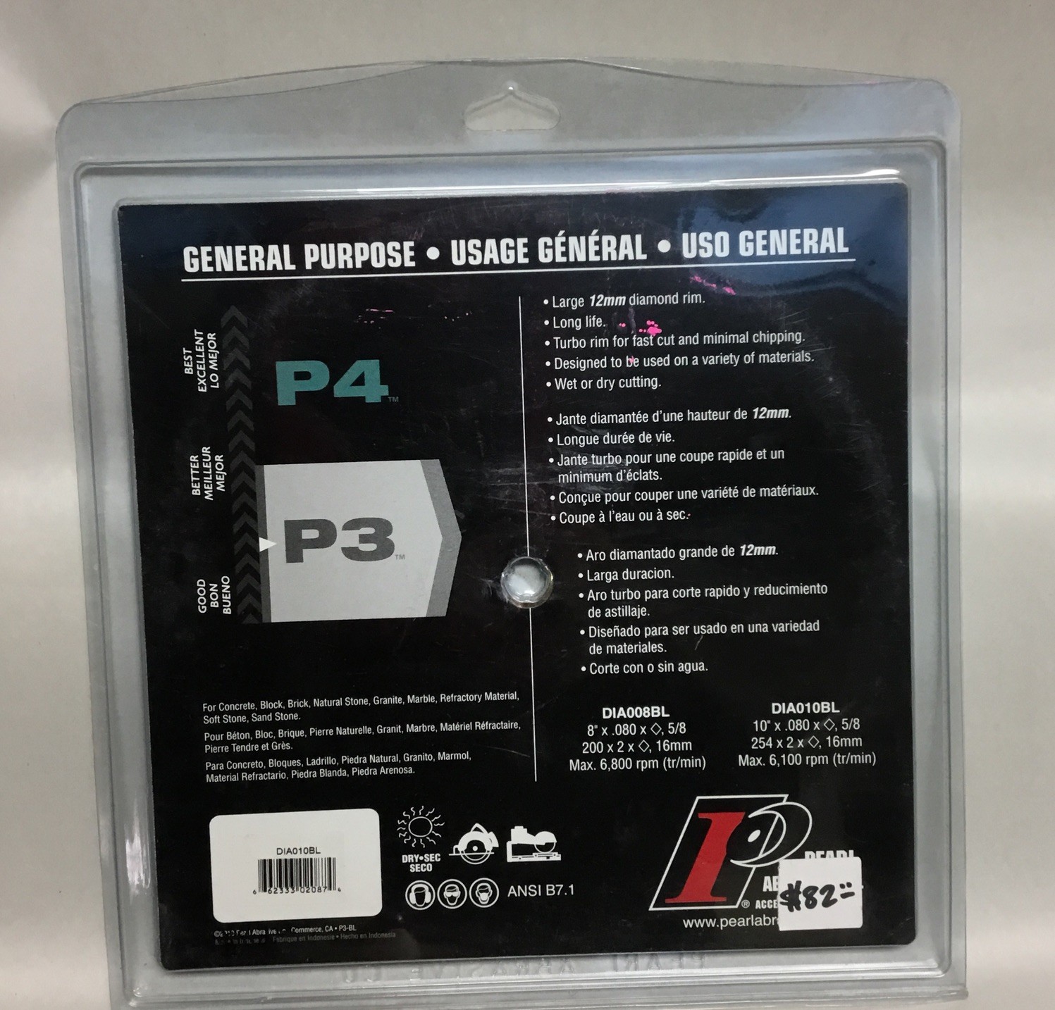 Pearl Abrasive P4 ADM10PT Reactor 10″ Porcelain Tile Diamond Blade
