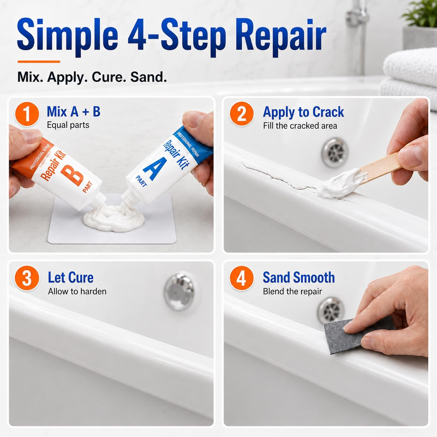 Tub Repair Kit White, Tub Chip and Bathtub Repair Kit for Enamel, Fiberglass, Ac