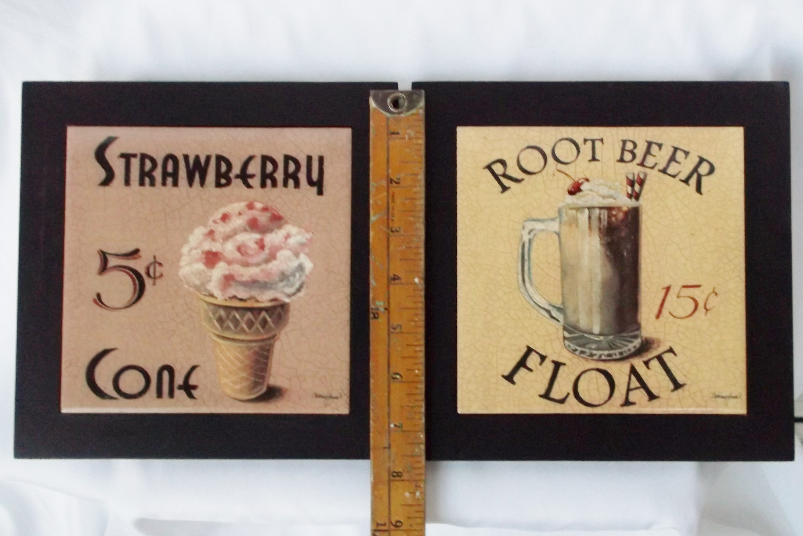 Strawberry Cone/Root Beer Float Ceramic Tile Wood Trivet Hot Plate Wall Art 8×8