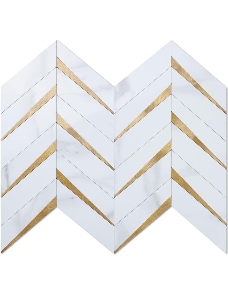 DICOFUN 10-Sheet Polished White Marble Look Herringbone Peel and Stick
