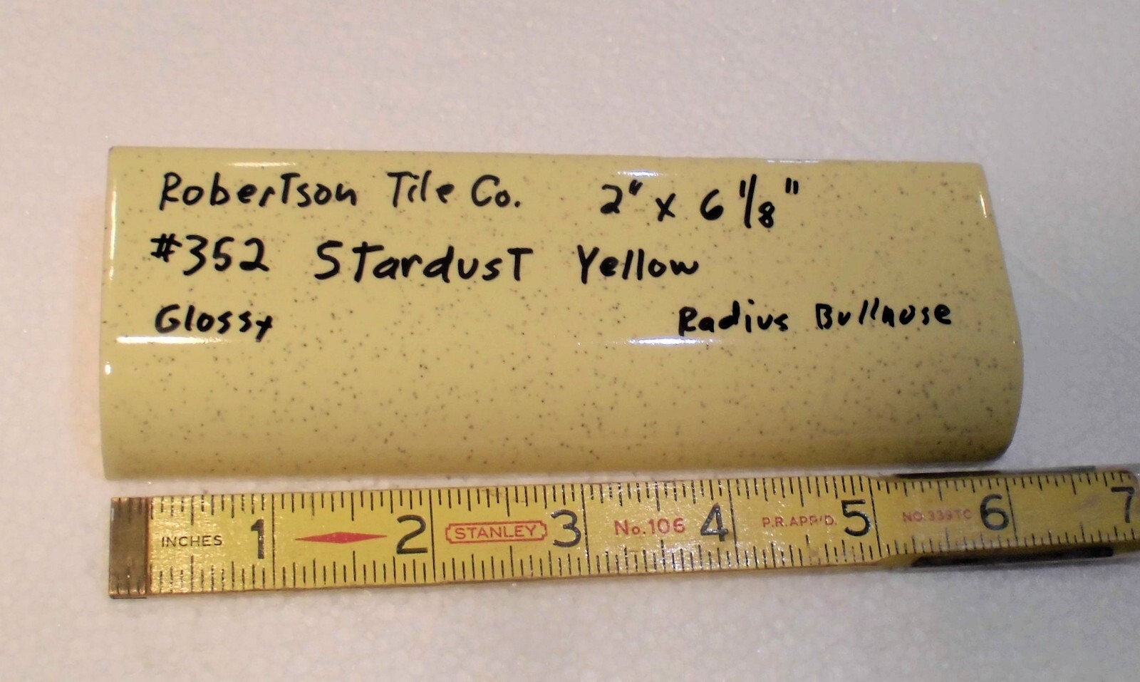 1 pc. *Stardust Yellow* Ceramic Tile; 2″ X 6-1/8″ Radius Bullnose; by Robertson