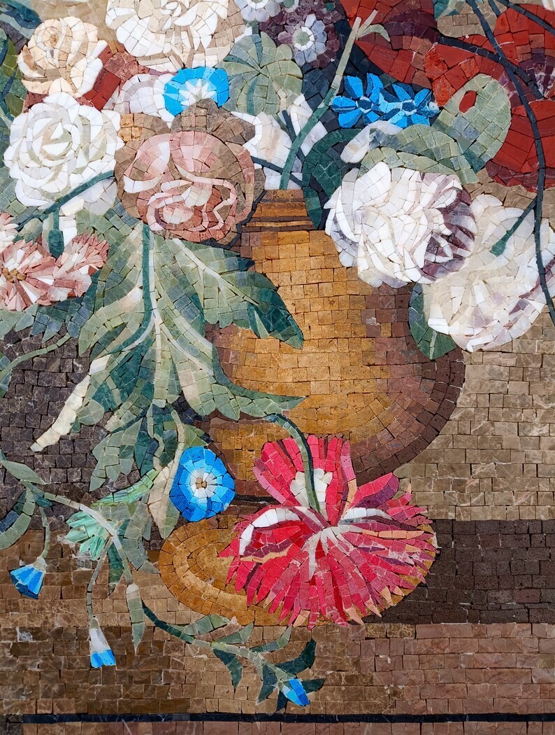 Mosaic Overflowing Multiple Colorful Bloom Flowers Vase Wall Art For Living Room
