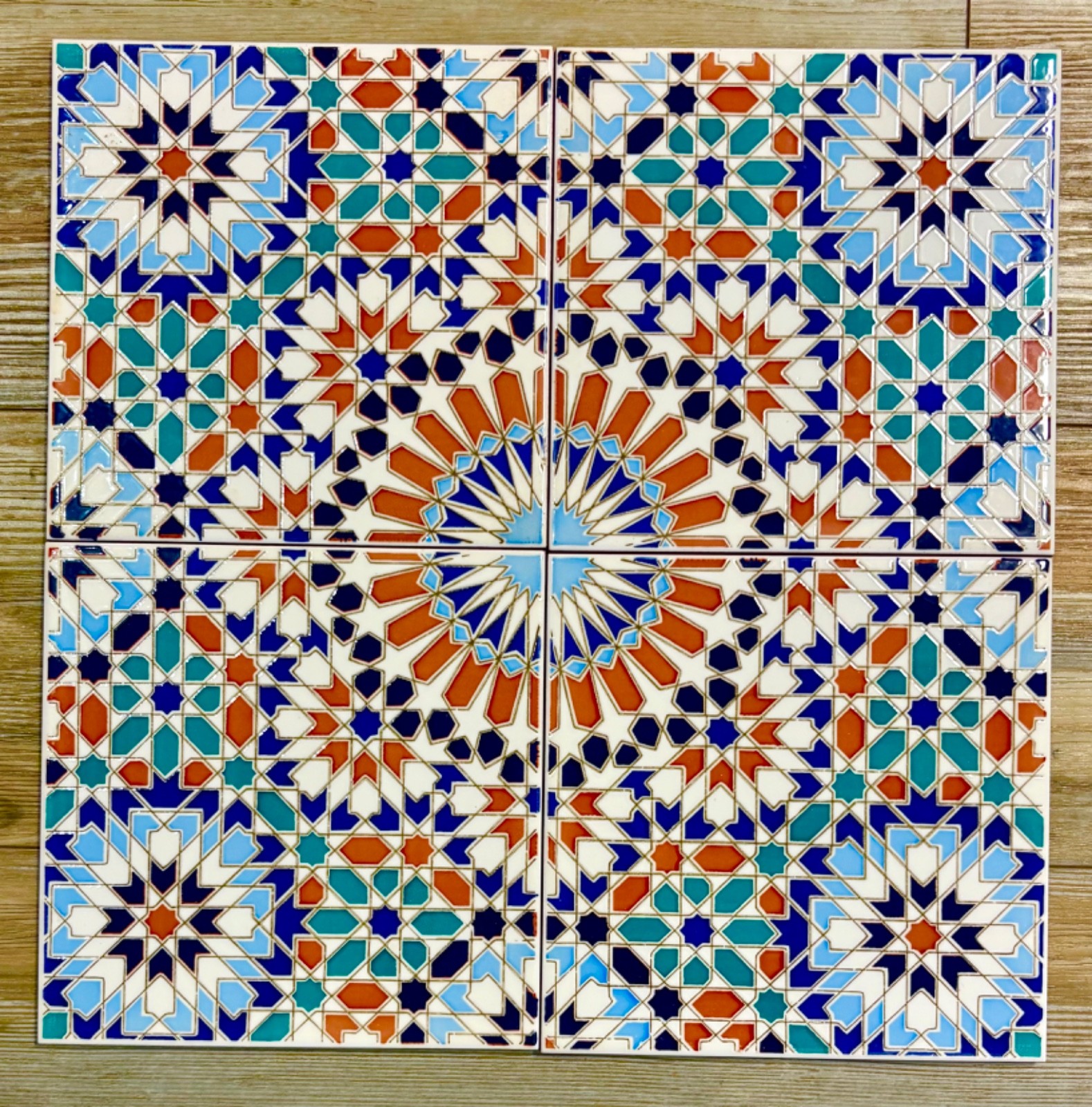 Vintage 8 x 8 inch Moroccan Mosaic Decorative Tiles Lot of 4 Star Pattern