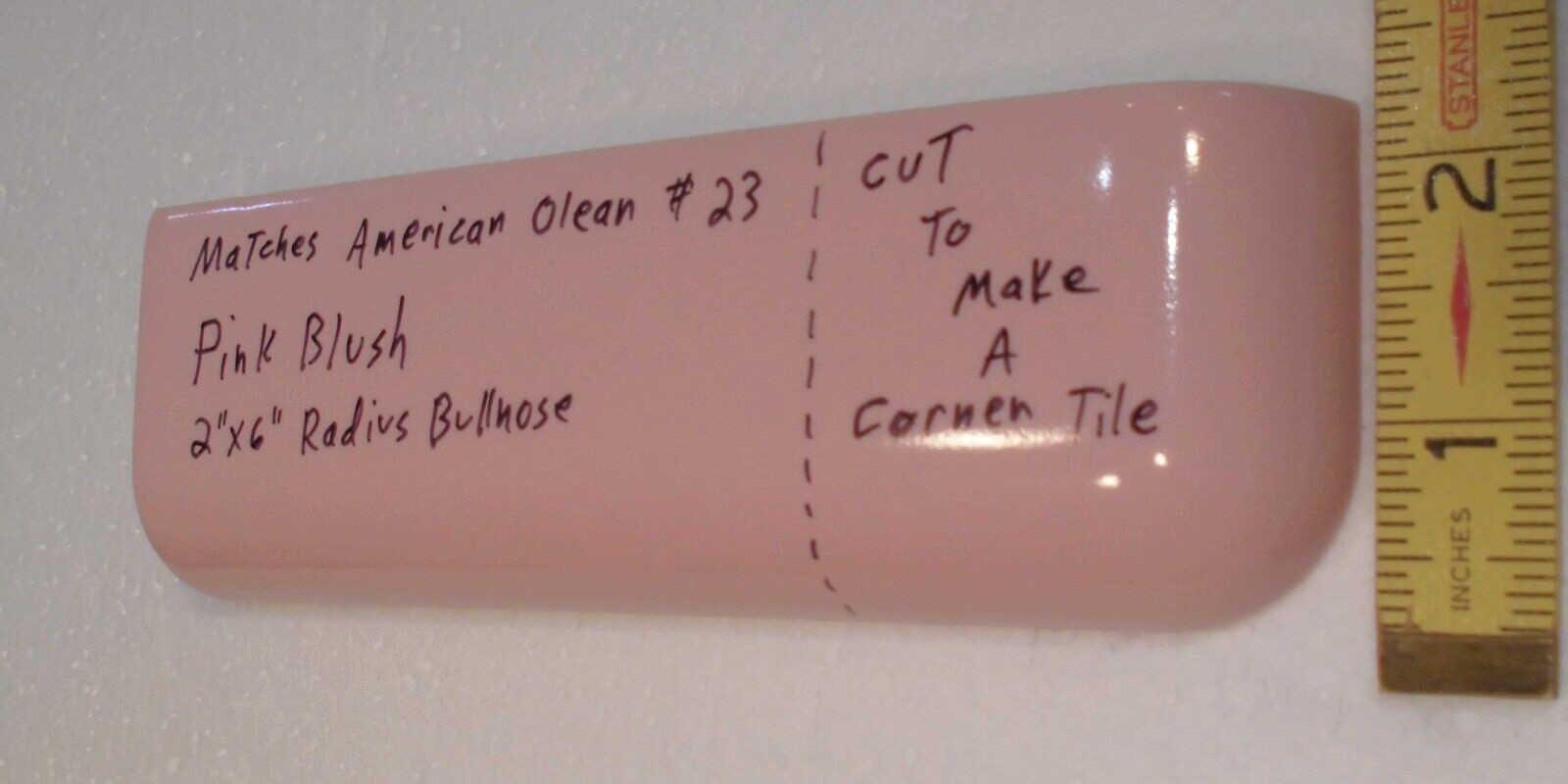 1 pc. Pink Blush Color: 2″ X 6″ Ceramic Radius Bullnose Corner Tile or 2″ X 2″