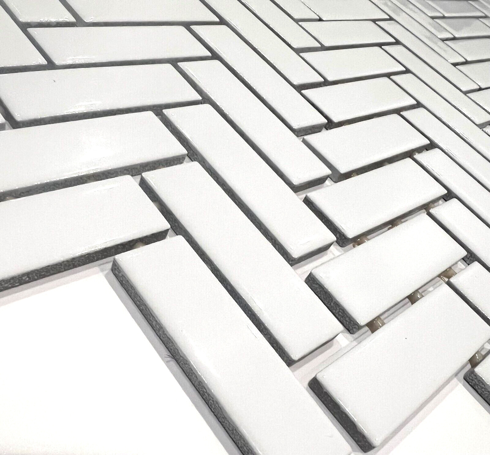 1×3 White Shiny Herringbone Ceramic Mosaic Dot Mount Wall Floor Tile (BOX OF 5)