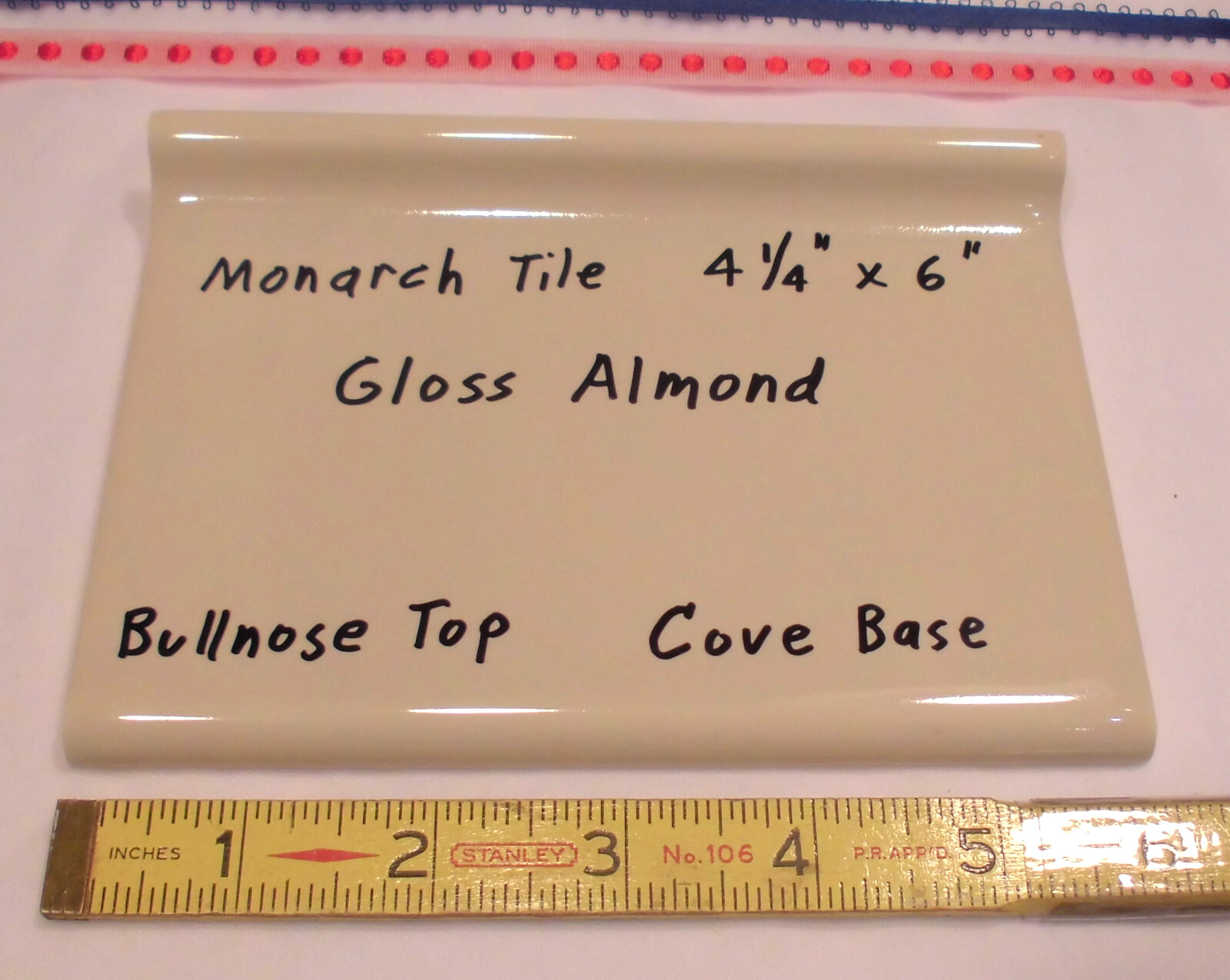 1 pc. Gloss Almond: Bullnose Top Cove-Base Ceramic Tile: 6″ X 4-1/4″ Monarch Co.