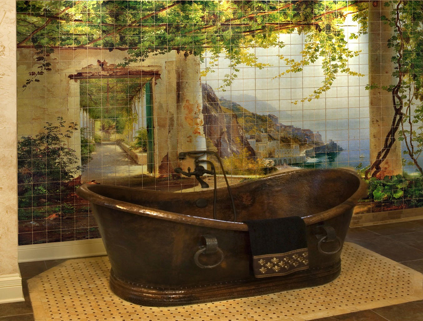 56×36 View to the Amalfi Tumbled Marble Tile Mural for Bathroom