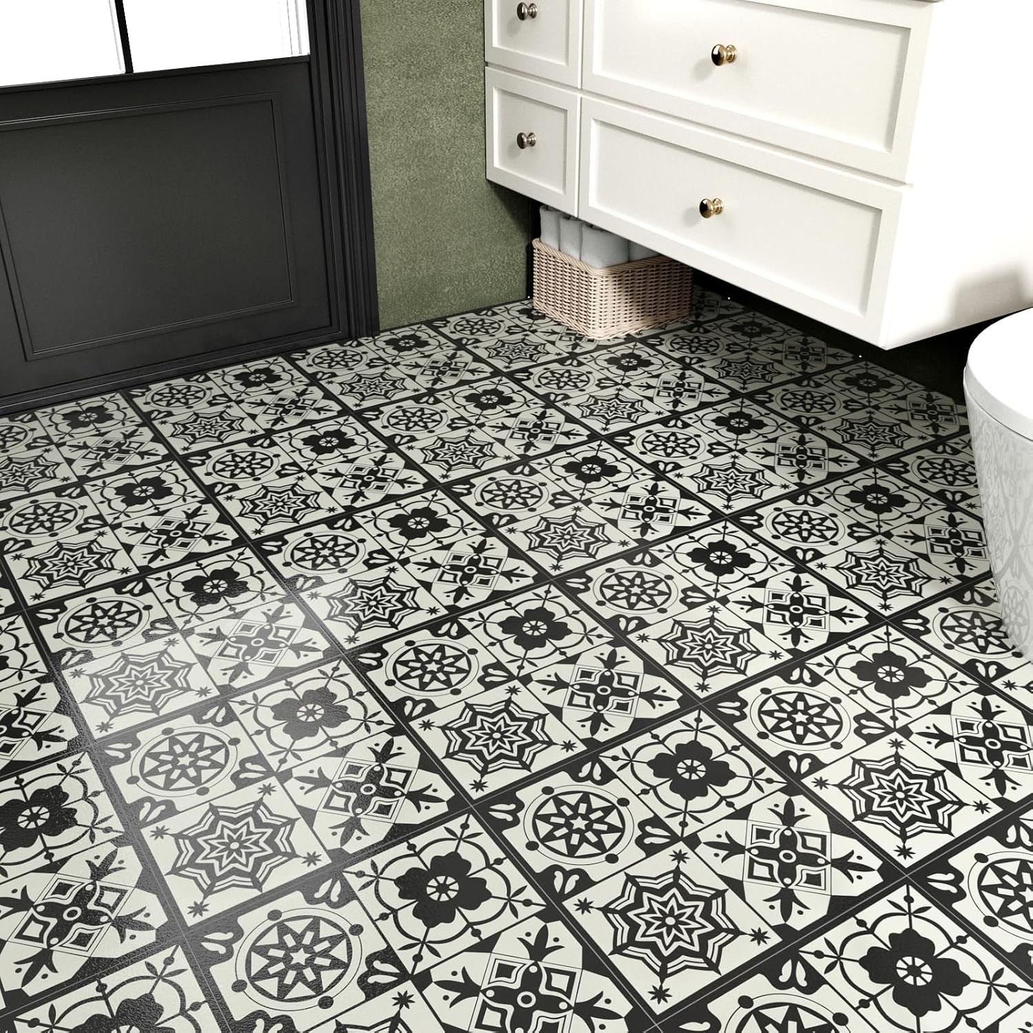 12″x12″ Black Boho Peel and Stick Floor Tile Waterproof Vintage Gothic Vinyl