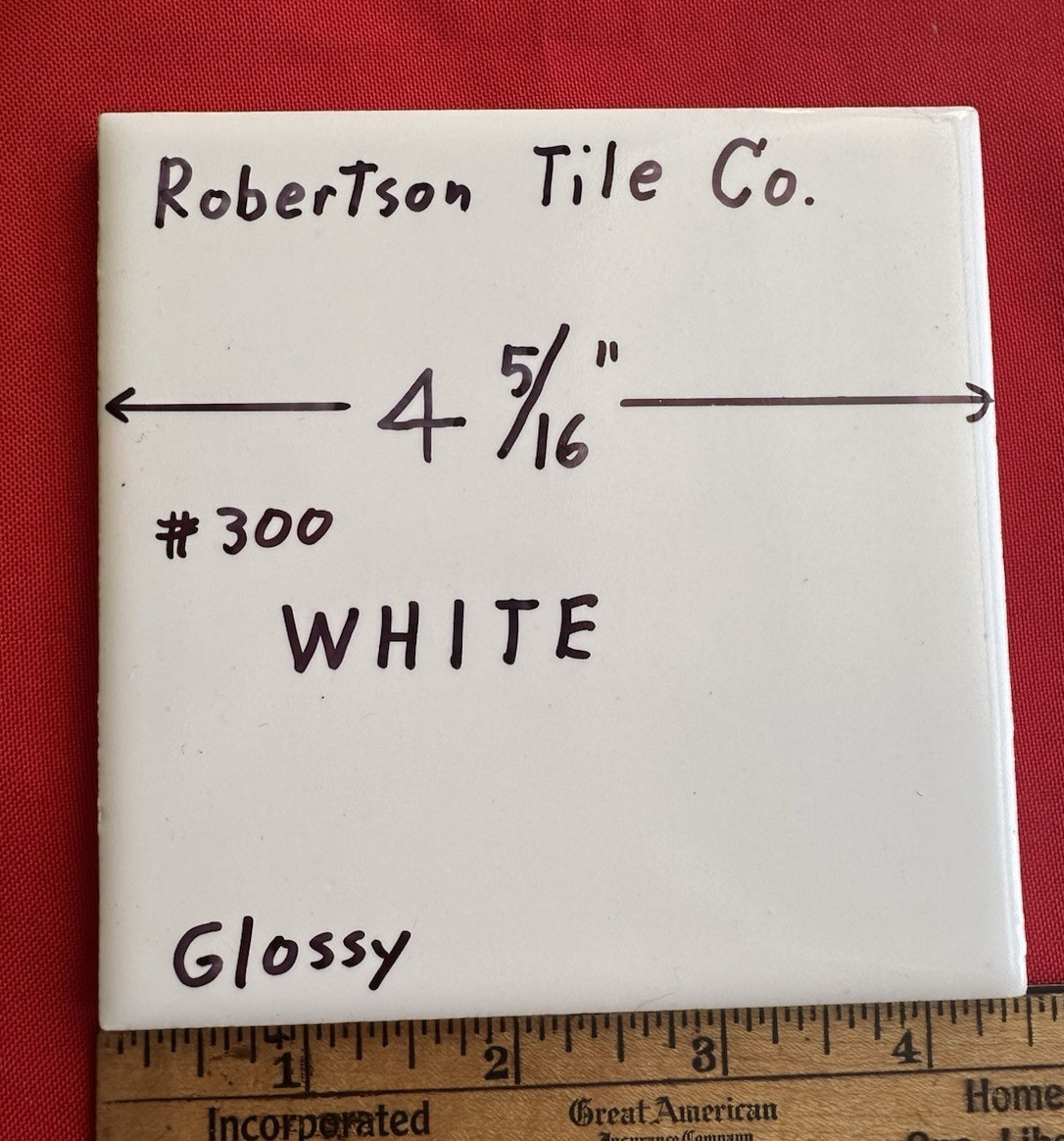 1 pc. Vintage Gloss White: Ceramic Tile by Robertson Co. 4-5/16″ made 1950’s