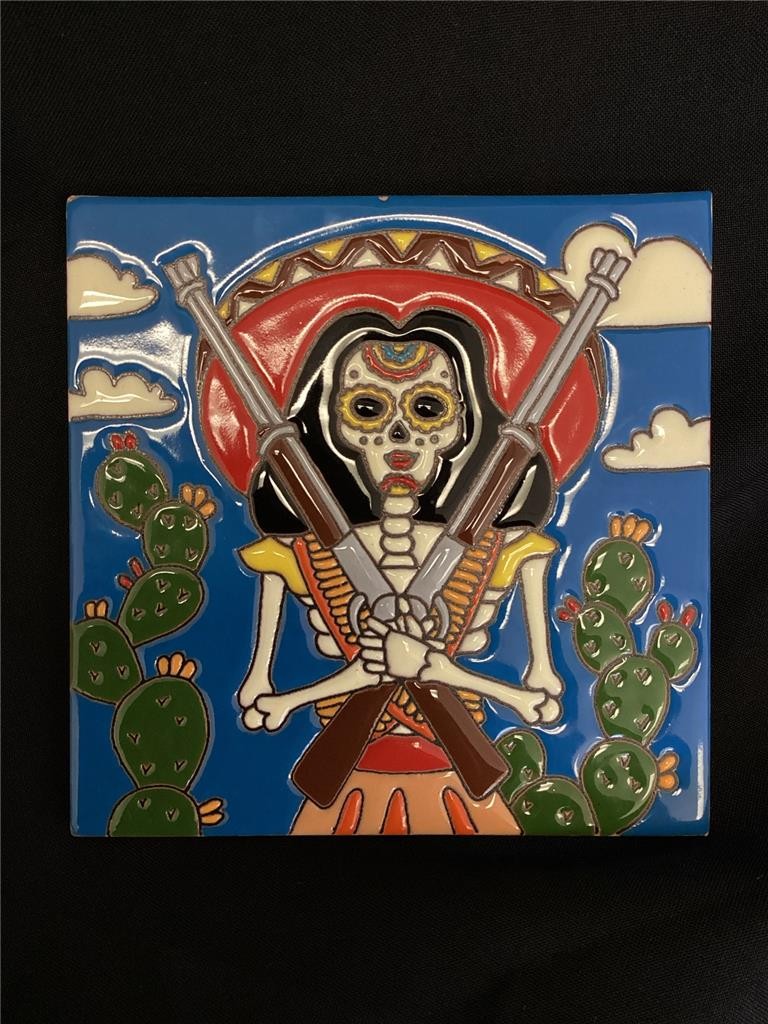 ++ Handmade Rifle Lady Day of The Dead Clay Tile 6×6