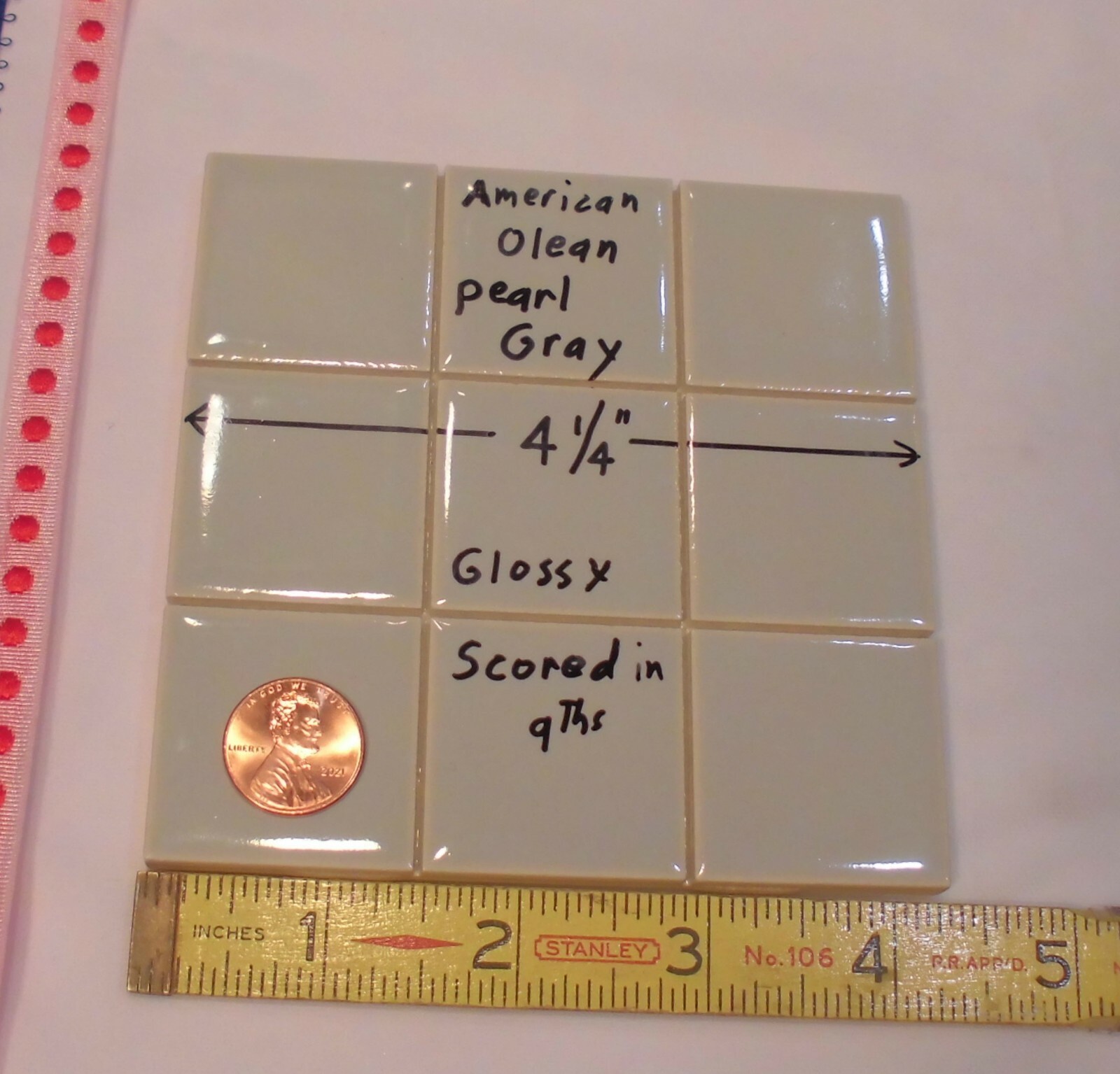 1 pc. *Pearl Gray* 4-1/4″ Scored 9ths Glossy Ceramic Tile by American Olean Co.