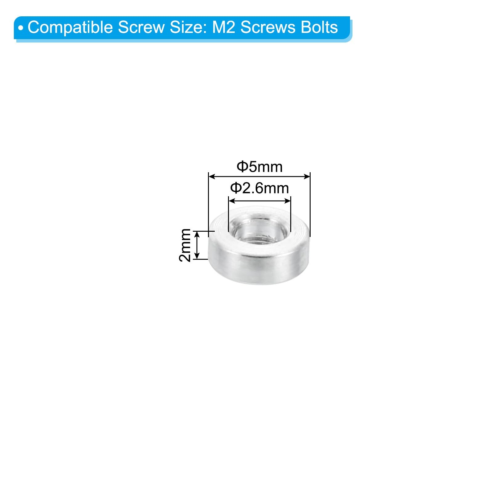 PATIKIL M2 Aluminum Spacers, 10 Pcs Metal 2.6mm ID x 5mm OD x 2mm L, Silver