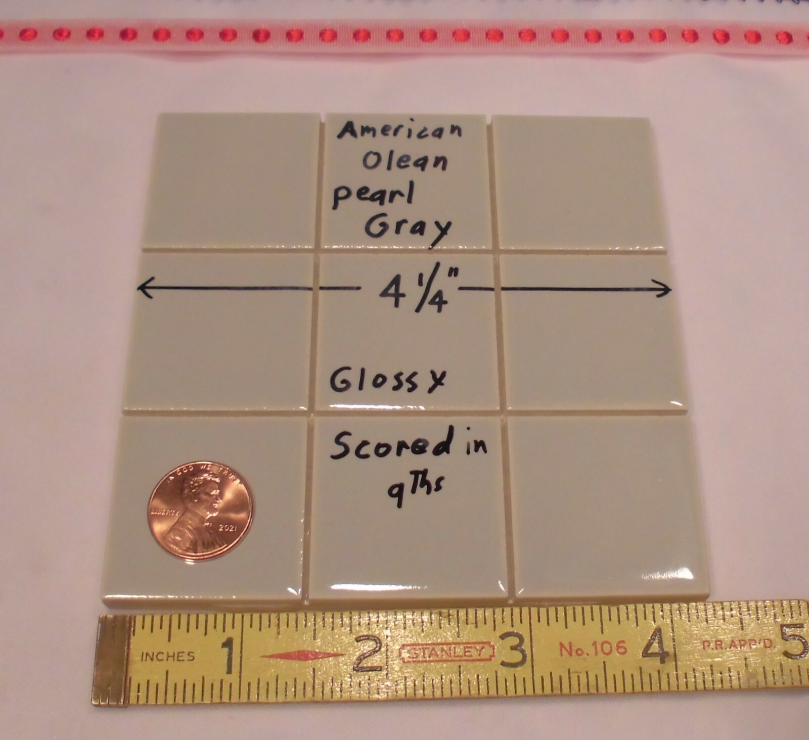 1 pc. *Pearl Gray* 4-1/4″ Scored 9ths Glossy Ceramic Tile by American Olean Co.