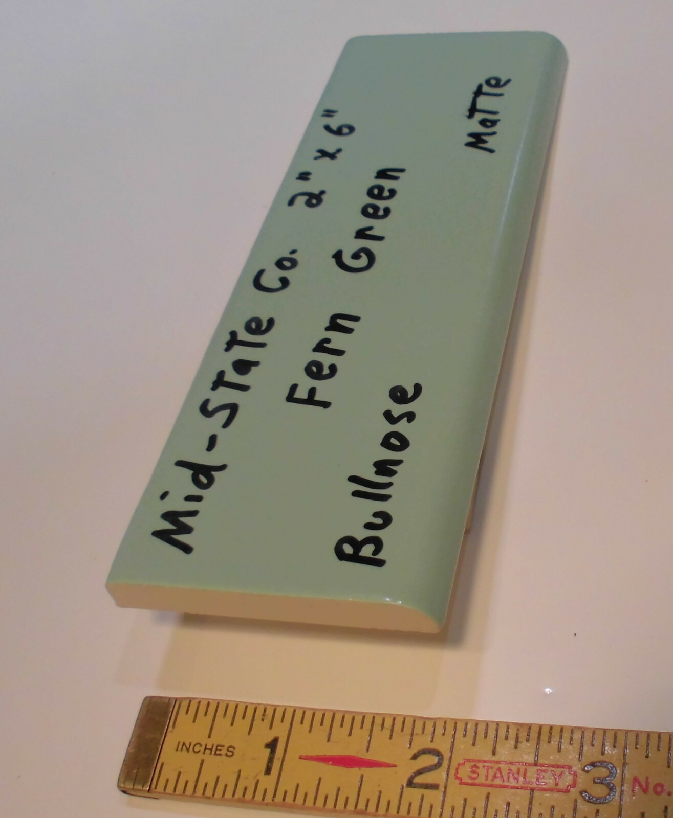 1 pc. Vintage *Fern Green* 2” X 6” Matte Ceramic Bullnose Tile by Mid-State Co.