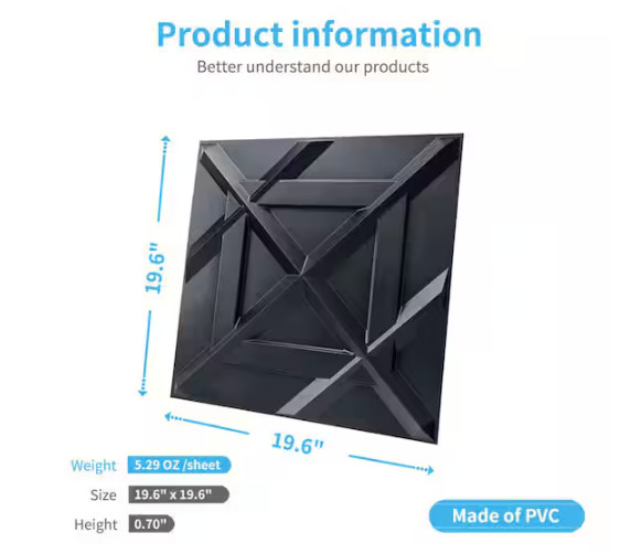 Art3d Black 3D SQUARE PVC Wall Panels 19.7”x19.7” Decorative Tiles 32 sq ft Box.