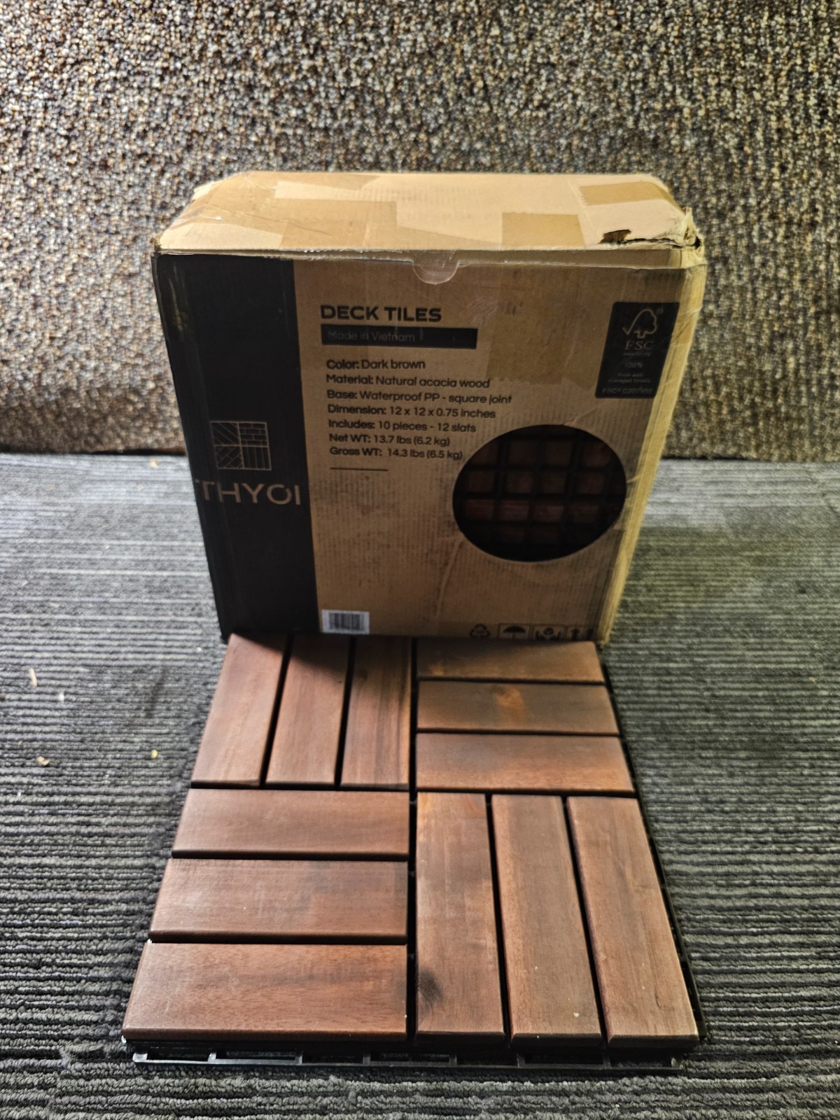 (QTY 10) THYOI Deck Tiles, Patio Flooring 12″ x 12″ Waterproof Acacia Wood Tiles