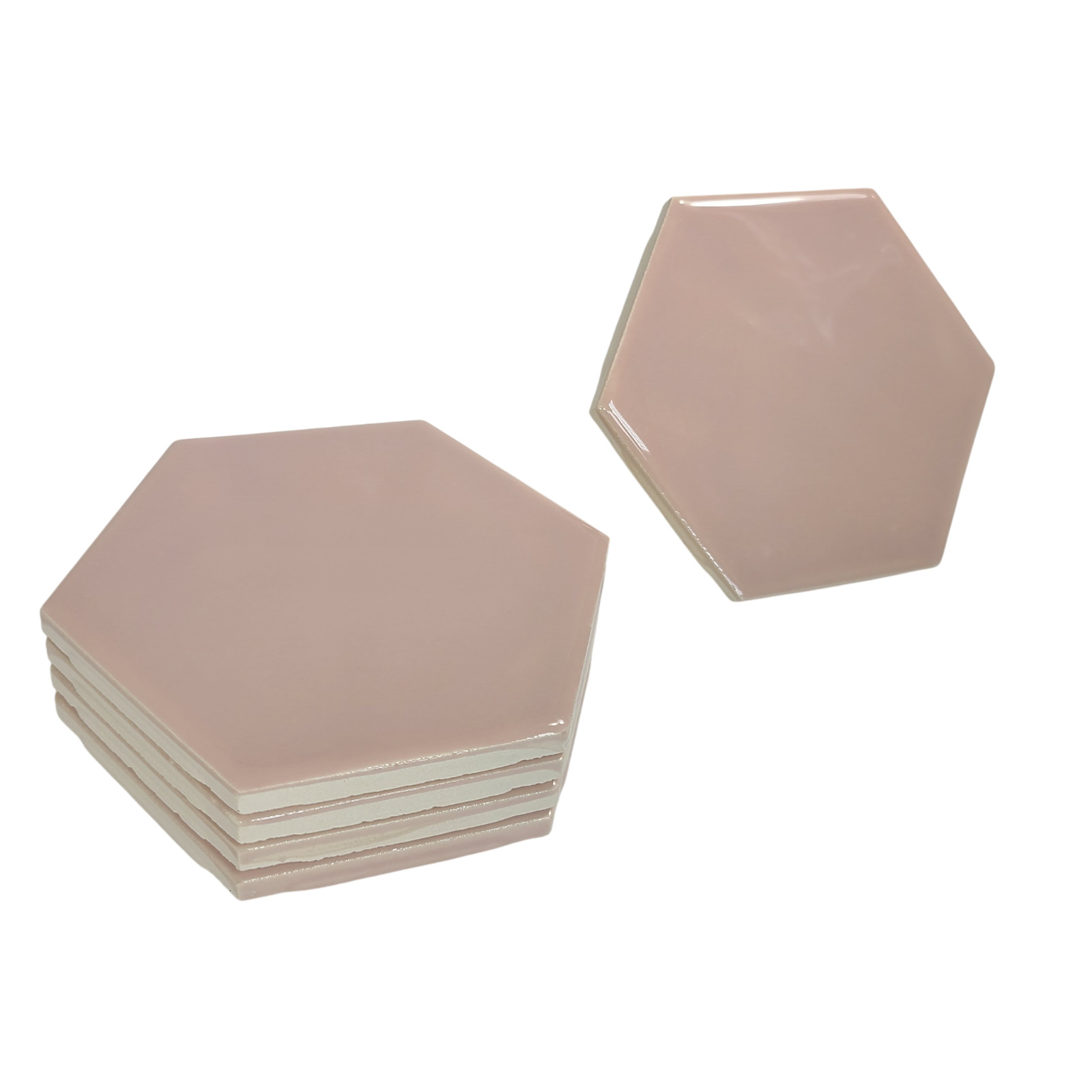 Pink Ceramic Tile Hexagon Subway Vintage Mid Century Modern Rippled Undulated