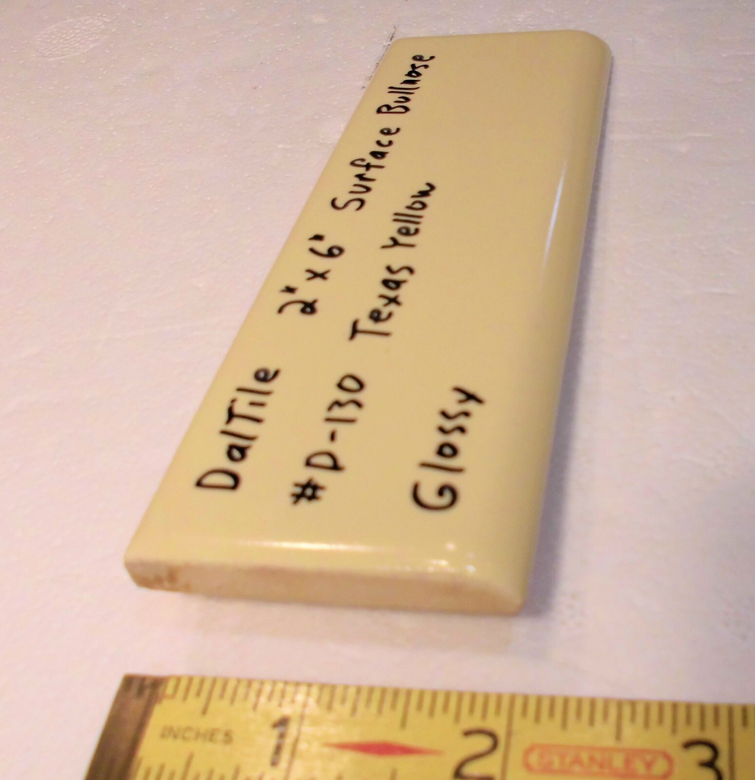 1 pc. Texas Yellow: Glossy Ceramic Bullnose Flat Trim Tile by Daltile in 1970’s