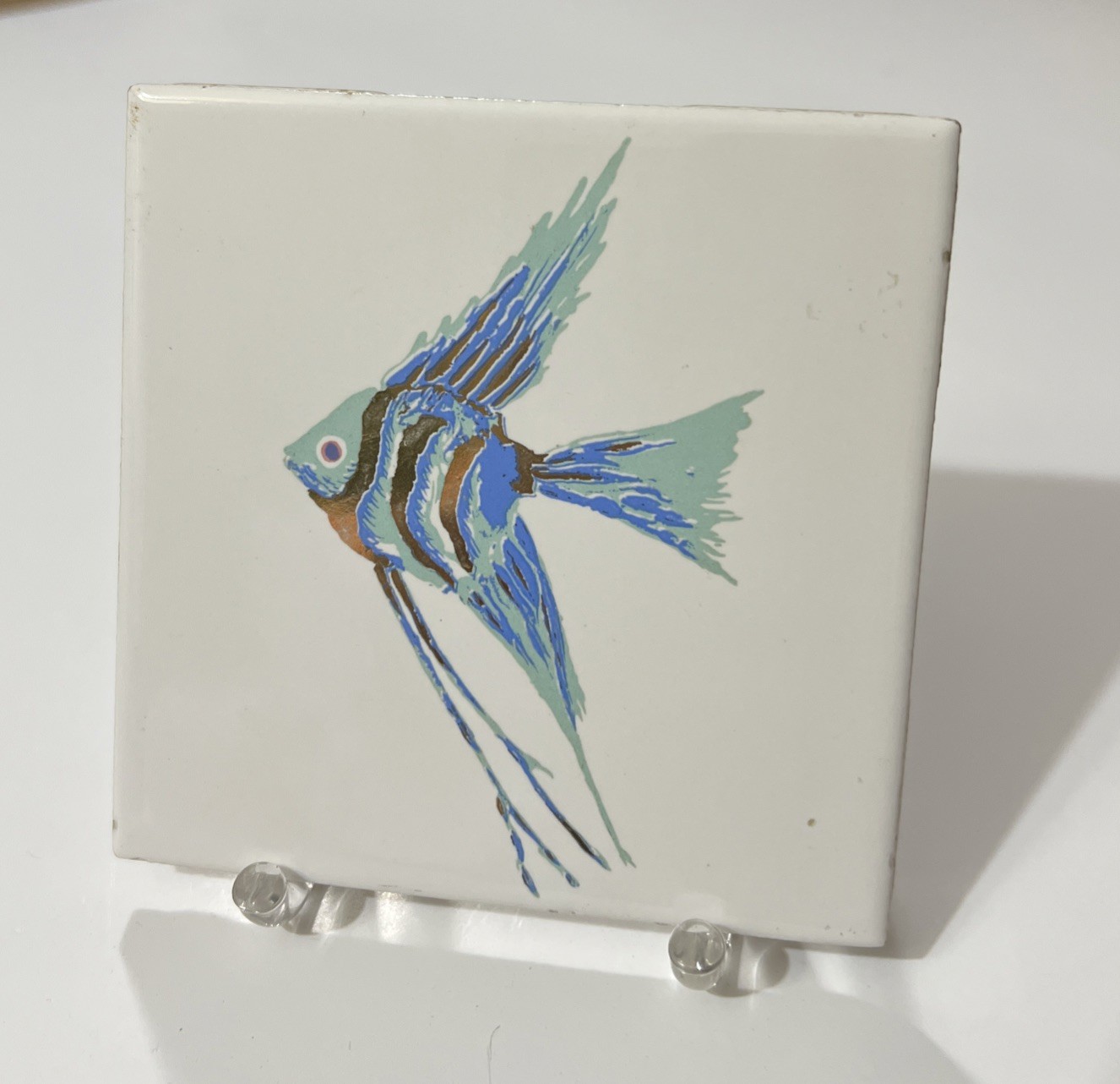 Fish Tile Decorative Angel Fish Blue & Gold With Acrylic Stand 4.25X4.25”