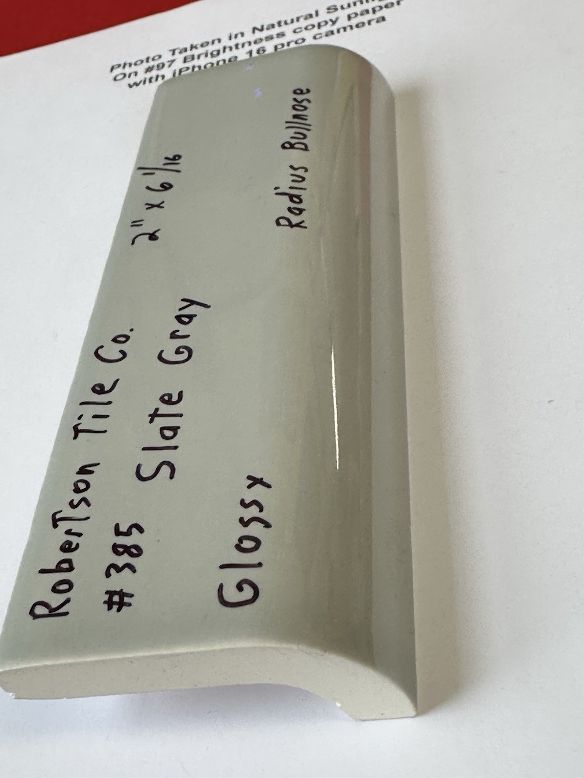 1 pc. Vintage *Slate Gray* Ceramic Tile; 2″ X 6″ Radius Bullnose: by Robertson