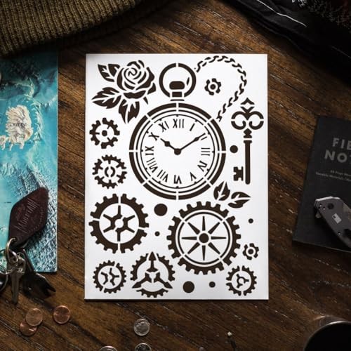 4Styles Vintage Gears Clocks Stencils with a Brush Creative Gears Clocks