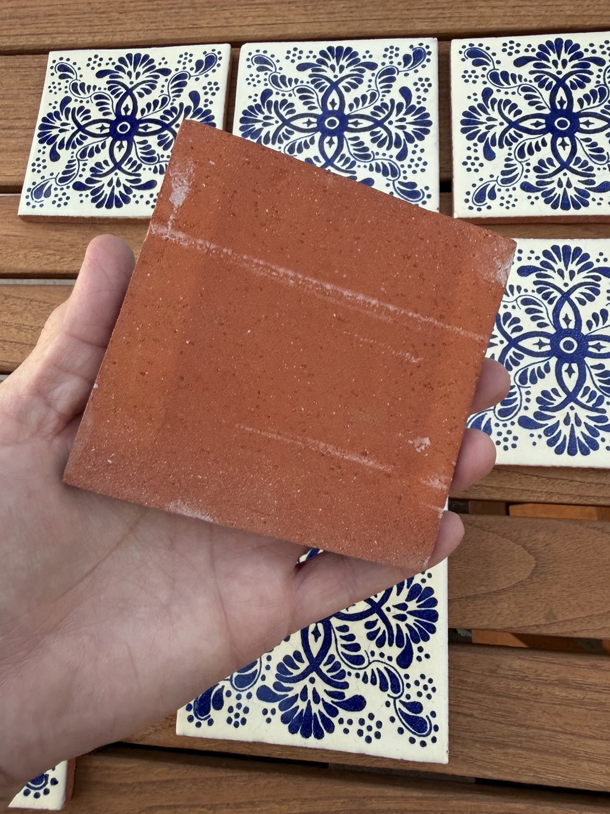 MEXICAN TALAVERA TILES 4×4 TERRACOTTA & WHITE BLUE FOLK ART