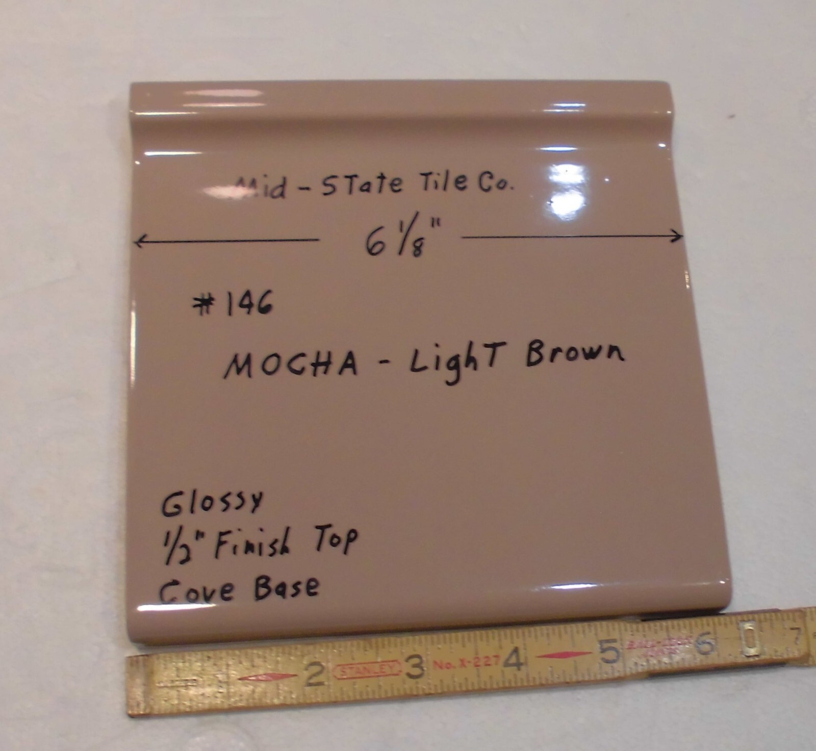 1 pc. Vintage Glossy *Mocha- Brown* 6” X 6” Ceramic Cove Base Tile by MID-STATE