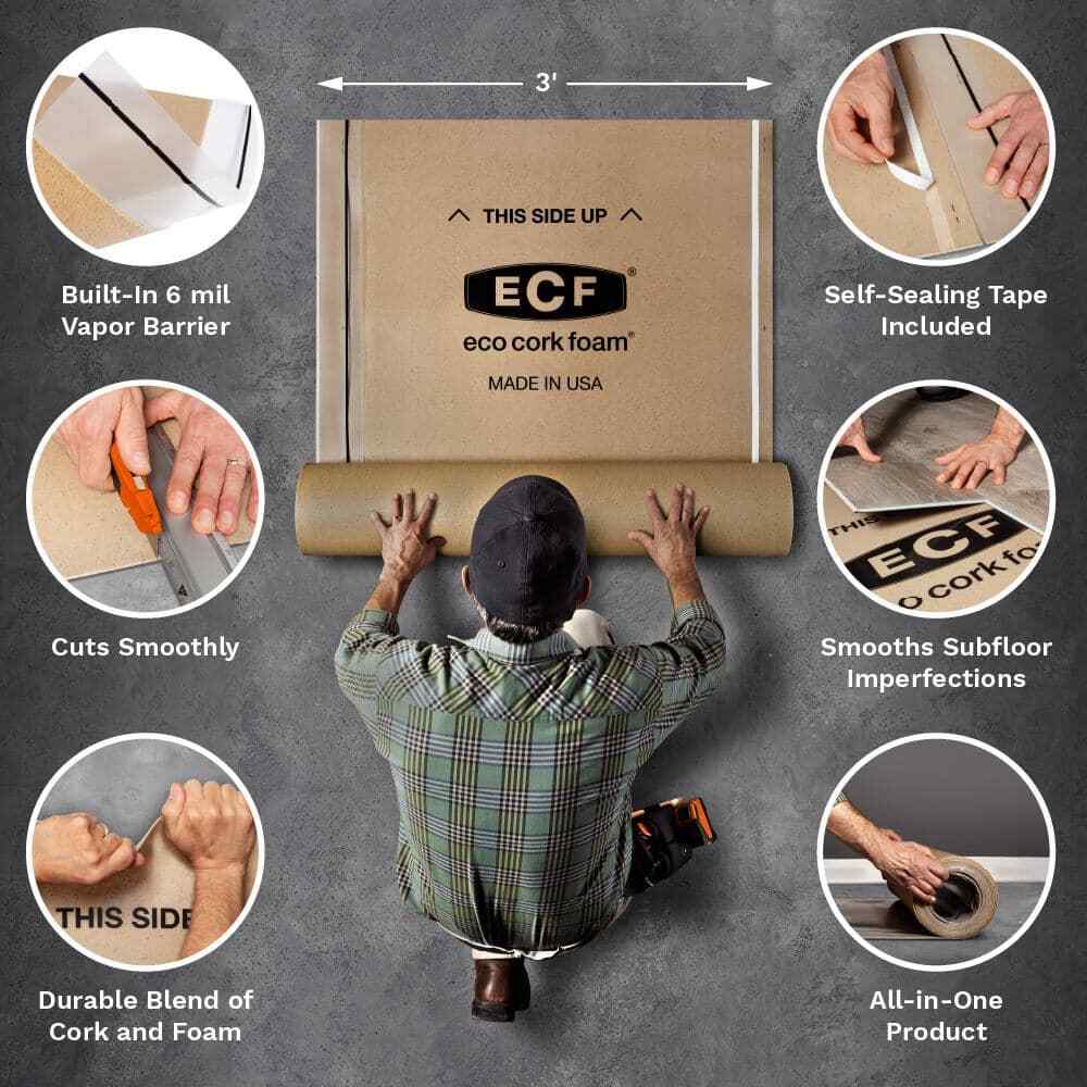 Eco Cork Foam Waterproof Underlayment Tan Antimicrobial Attached Vapor Barrier