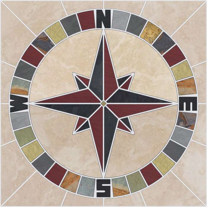 Tile Mosaic Medallion Mariners Compass Travertine Multi Slate Round in Square