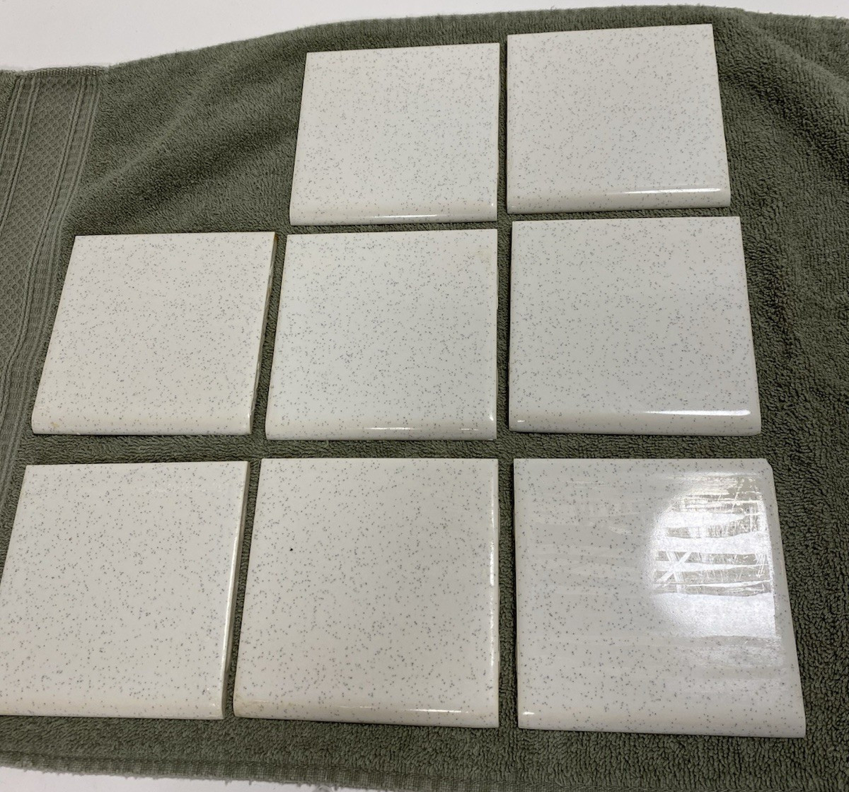 8 – Vintage (1950-60s) White Speckled Ceramic Tile – Bullnose (4.25×4.25)