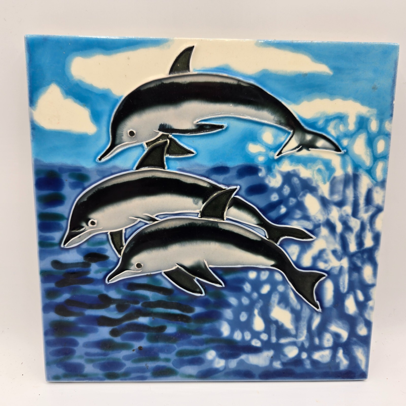 Dolphins Jumping Waves Decorative Wall Art Standing Ceramic Tile Ocean Sea Decor