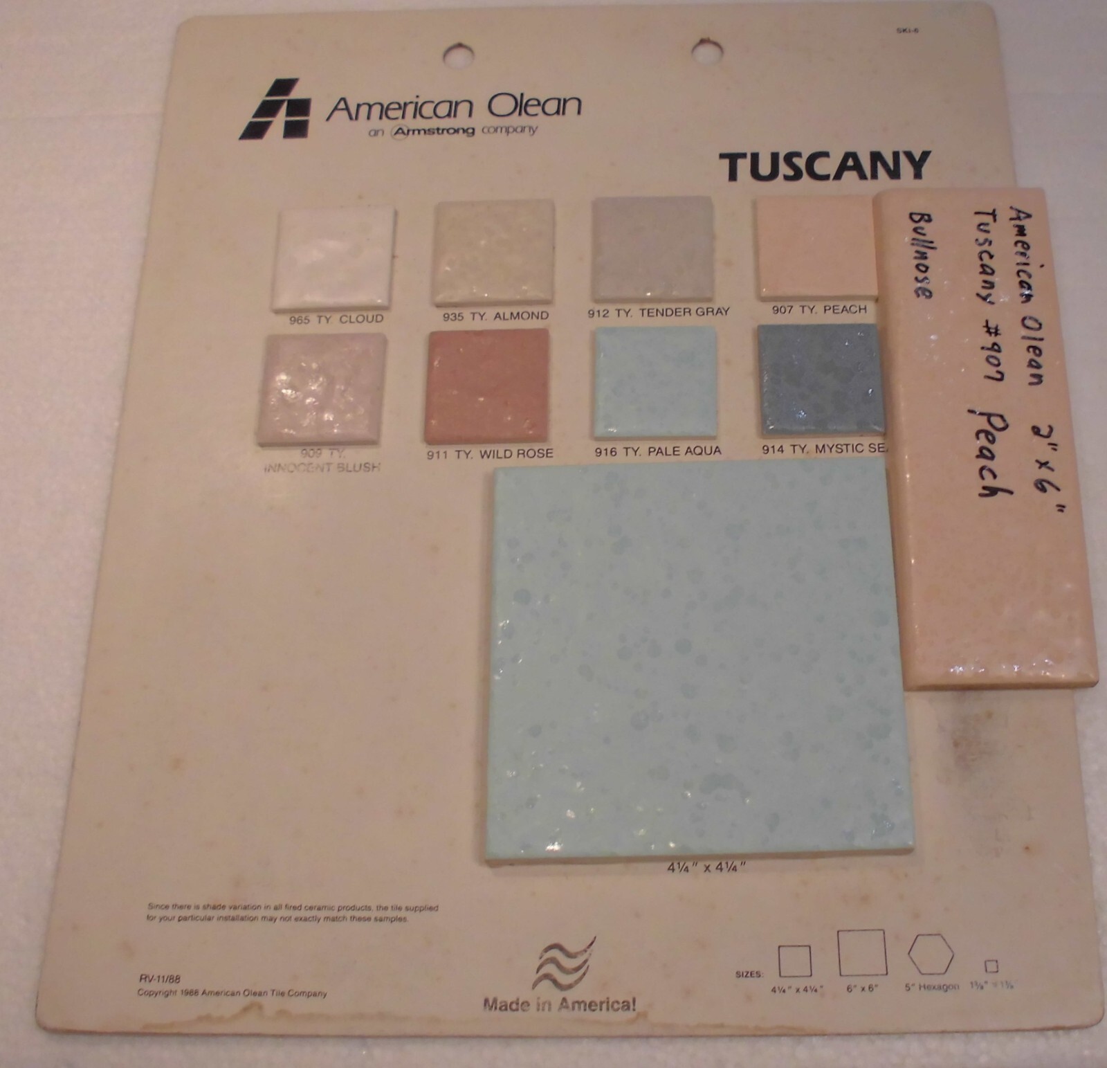 1 pc. Ceramic Bullnose Tile: 2” X 6″ Tuscany Peach #907 by American Olean: NEW