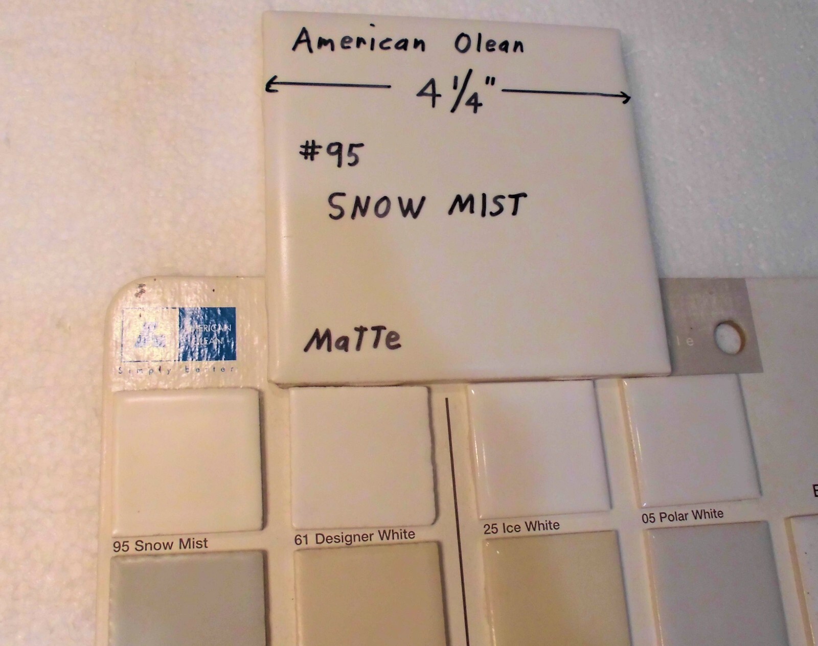 1 pc. Snow Mist: 4-1/4″ Matte White Ceramic Tile: American Olean, 1950’s-80’s