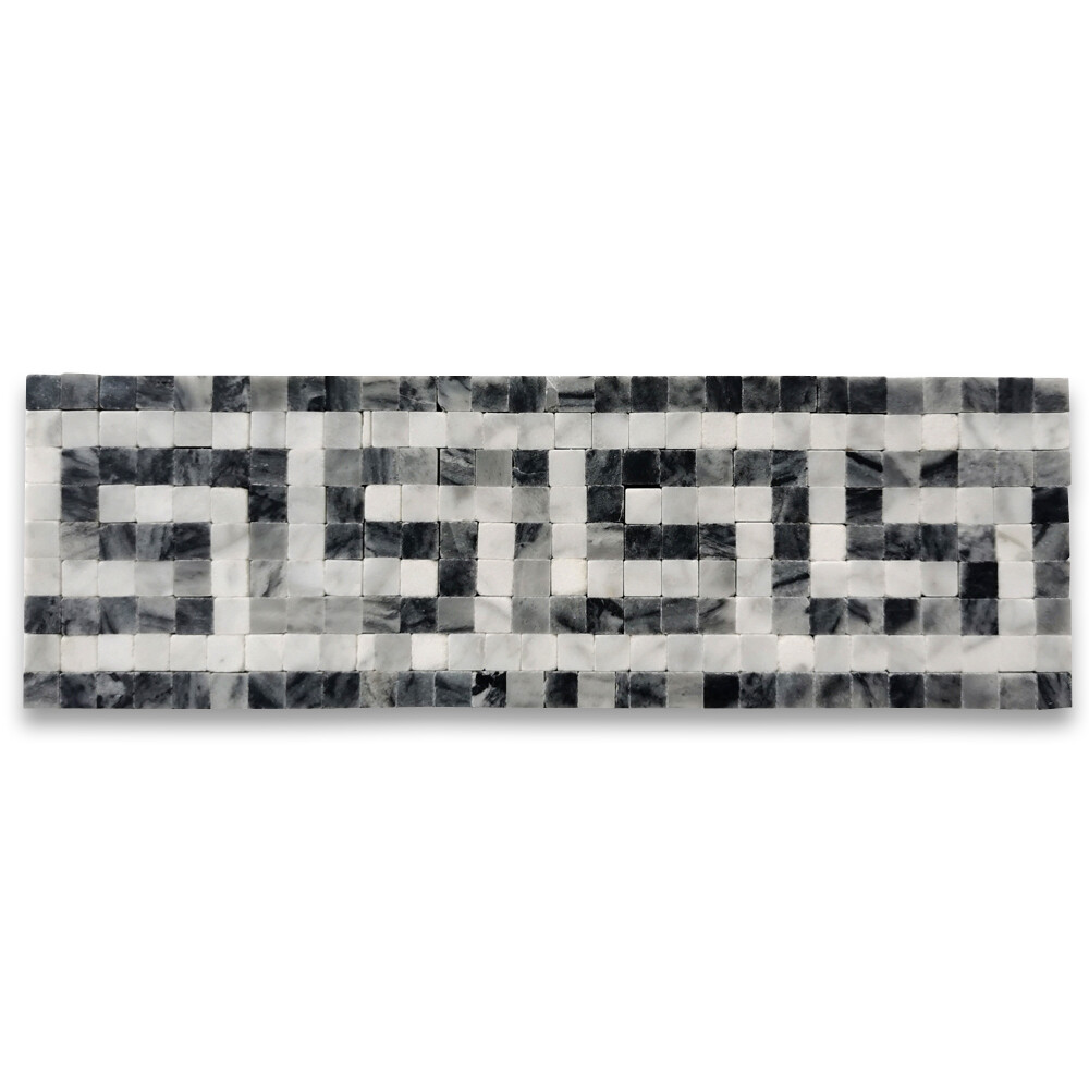 B0102P Carrara White Bardiglio Gray Marble Greek Key Mosaic Border Listello